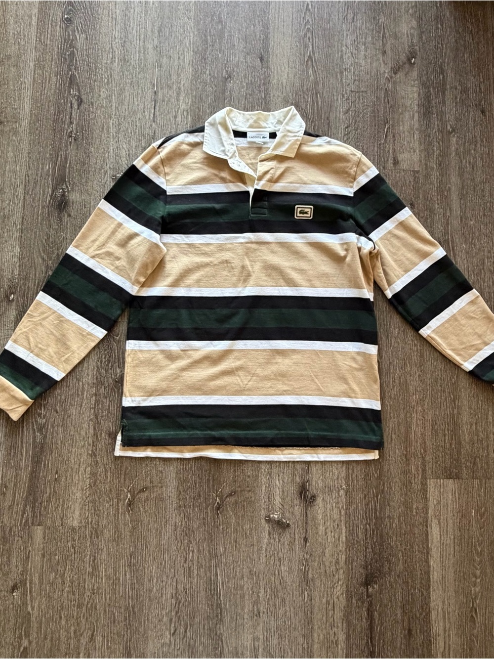 Lacoste Beige, Dark Green & White Striped Long-Sleeve Polo